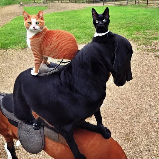 Prompt: Cat sitting in dog on horse