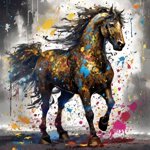 Prompt: (in Splatter art style), Legion's Fancy, Label your fact from fiction, Mirannah! 'The barding on Potentate horses shimmers due to a geas of loyalty Versidue-Shaie instilled in the materials.' No. It's simply magic. But 2E 5 for their first use? Feasible, splattered with sunlight, Masterpiece, Best Quality 