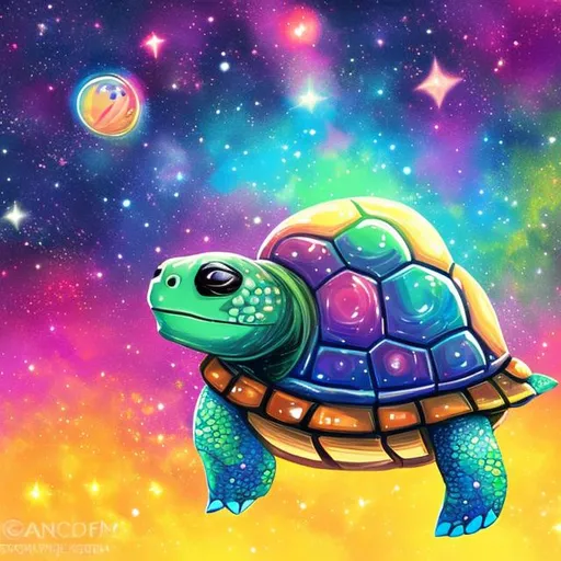 Prompt: A  cartoon space turtle in a colorful galaxy