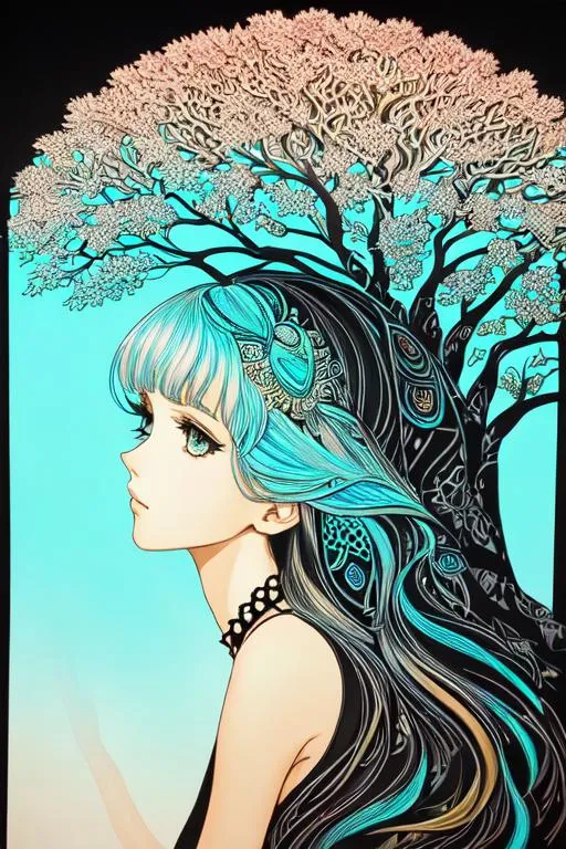Prompt: front view medium up close, negative intricate ancient tree of life theme design contrast beige color, detailed turquoise peach tree of life vector silhouette background,

masterpiece best quality hyperdetailed ultra realistic flat color pastel mix watercolor painting 2D 1 anime cute tall very skinny beautiful girl joyful, sitting, black long hair, side hair, detailed face, simple drawing,

hyperdetailed short dress,

starry night, light turquoise and light beige glowing light, head light, front light, glittering,

flat color digital watercolor pastel mix painting,

album cover art, wallpaper art, clean art, 2D vector art, flat color art,