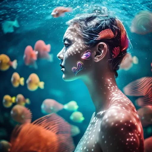 Prompt: woman side profile underwater with glowing fish all around