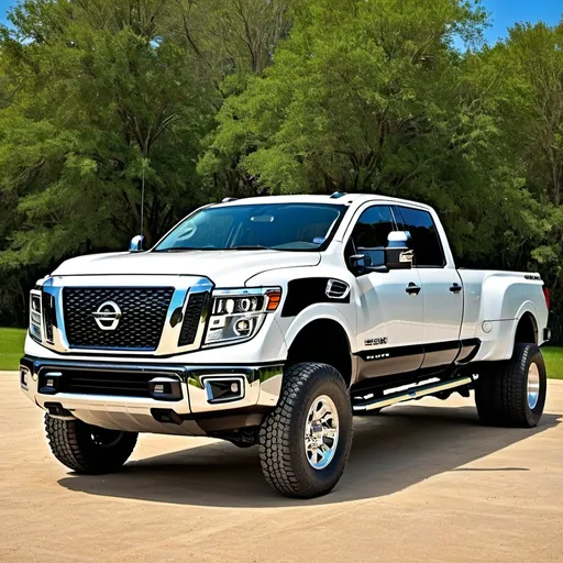 Prompt: 2025 Nissan 3500 Titan Dually V8 Truck with extra rear well fender On Texas Plates