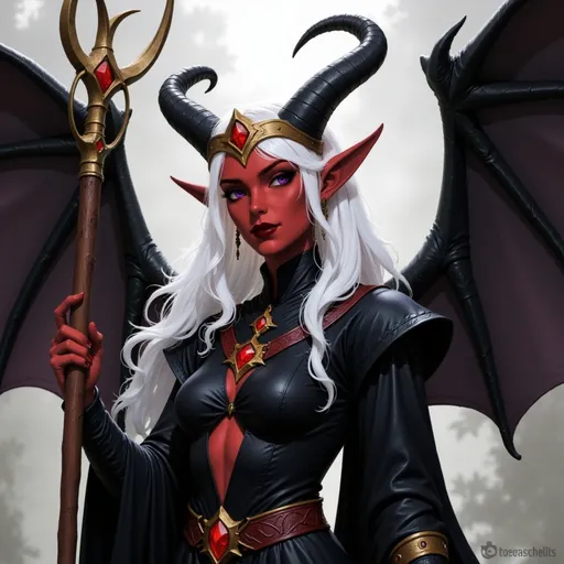 Prompt:  @p2CZMES7VK5y7B1QsEFp white hair, large crown, lots of jewelry, horns curved down, black clothes, big wings, wooden staff