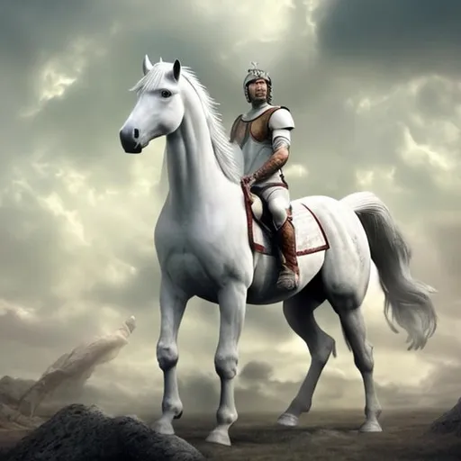 Prompt: And I looked, and behold, a white horse. He who sat on it had a bow; and a crown was given to him, and he went out conquering and to conquer.