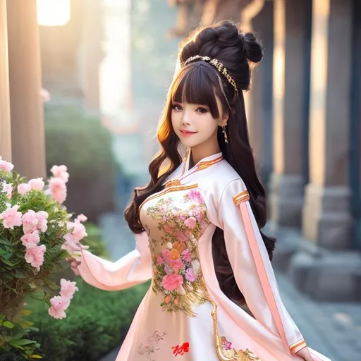 Prompt: Beautiful Anime girl in Chinese dress,  long Bkue hair and Shiny brown eyes with curvy body. 
