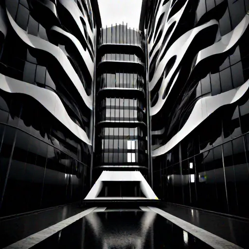 Prompt: ecologic building, ultrarrealistic, UHD, 4k, (perspective shot: 1.2), gloom effect, black and white