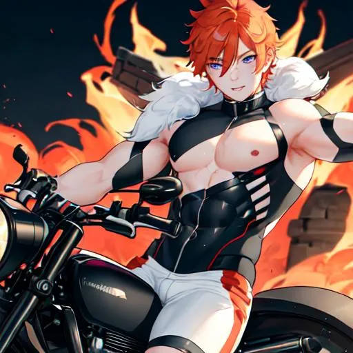 Prompt: Erikku male (short ginger hair, freckles, right eye blue left eye purple) muscular, riding a motorcycle. UHD, 8K, Highly detailed, insane detail, best quality, high quality