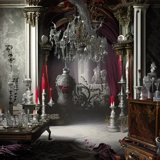 Prompt: Moody open vampire lair with a hoard of silver goblets and coins, painted, interior with no windows, dark red and purple colors
