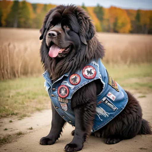 Prompt: newfoundland dog wearing a heavy metal music denim vest with patches