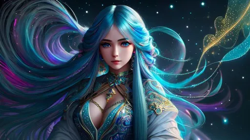Prompt: hyperdetailed intricate elaborate beautiful girl, with long blue hair,

hyperdetailed clothes,

hyperdetailed ghost town, cosmic mist, star dust,

cinematic lighting,  colorful glamorous lighting, colorful particles, misty,

album cover art, 128K resolution,