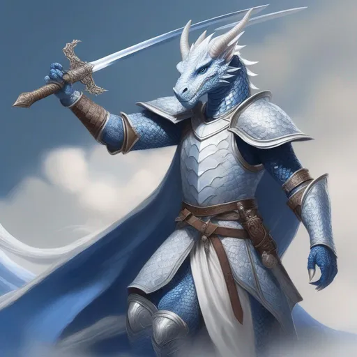 Prompt: A beautiful blue and white Dragonborn with no hair holding a sword, perfect composition, hyperrealistic, super detailed, 8k, high quality, trending art, trending on artstation, sharp focus, studio photo, intricate details, highly detailed, by Greg Rutkowski, illustration, watercolor