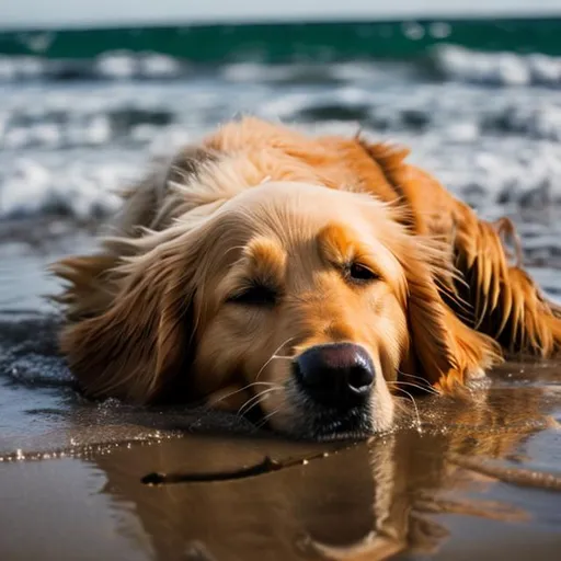 Prompt: Tears falling down a golden retriever eye at the beach