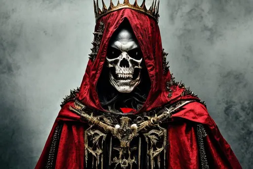 Prompt: black red blue, spectral, rotting king, evil zombie wizard skeleton, long white hair under spiked gold crown, red hood and distressed torn cloak, single subject