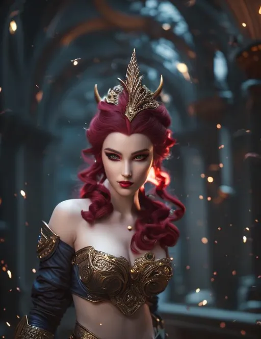 Prompt: gorgeous tiefling, red hair, warriorUHD, hd , 8k eyes, detailed face, big anime dreamy eyes, 8k eyes, intricate details, insanely detailed, masterpiece, cinematic lighting, 8k, complementary colors, golden ratio, octane render, volumetric lighting, unreal 5, artwork, concept art, cover, top model, light on hair colorful glamourous hyperdetailed medieval city background, intricate hyperdetailed breathtaking colorful glamorous scenic view landscape, ultra-fine details, hyper-focused, deep colors, dramatic lighting, ambient lighting god rays, flowers, garden | by sakimi chan, artgerm, wlop, pixiv, tumblr, instagram, deviantart