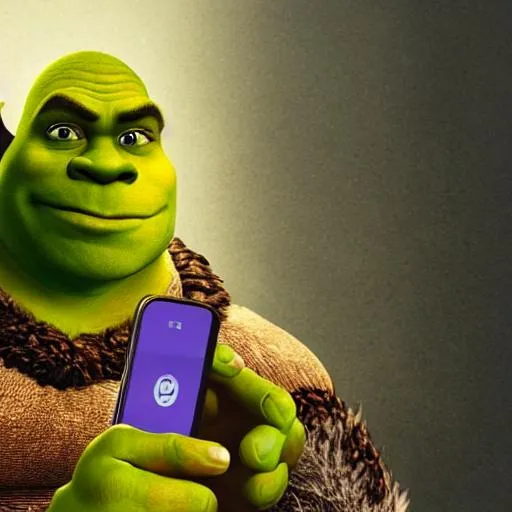 Prompt: highly detailed promo image of shrek with a phone
