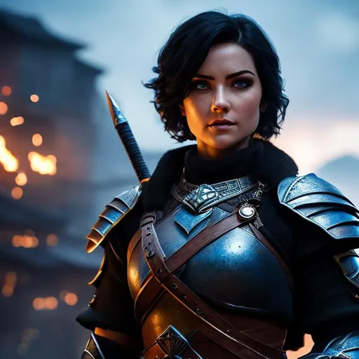 Prompt: D&d female warrior, short black hair, blue eyes, village, professional, render, Sharp focus, HD, UHD, HDR, hyperrealistic 