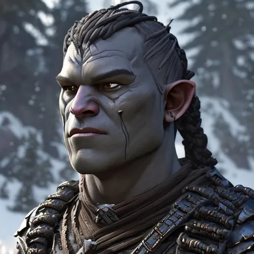 Prompt: Half-Orc paladin, Pathfinder 2e, Tolkien, in the mountains, shaved head, black viking hair braid, ritual scarring covering face, wearing armor, combat, 2-handed sword, highly detailed, professional, Unreal Engine 5