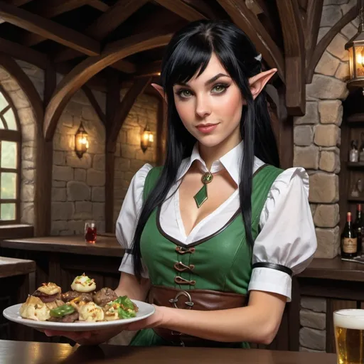 Prompt: Dungeons and dragons elf waitress with black hair