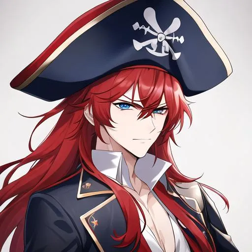 Prompt: Zerif 1male (Red side-swept hair falling between the eyes, sharp and stern blue eyes), highly detailed face, 8K, Insane detail, best quality, UHD, handsome, flirty, muscular, Highly detailed, insane detail, high quality. wearing a pirate hat, and a pirate outfit