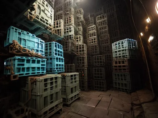 Prompt: Stacked Crago crates in  submarine hallway