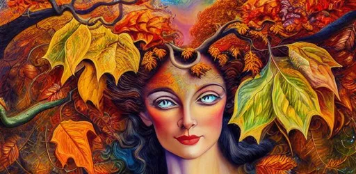 Prompt: An oil painting of the autumnal equinox,a woman 
surrounded by autumn leaves, an airbrush painting 
by Josephine Wall, alvador Dalí, psychedelic art, 
airbrush art, detailed painting, pre-raphaelite, 3d 
render, rococo art