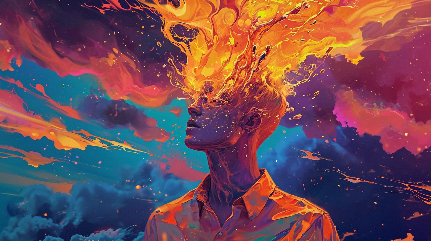 Prompt: man with fire swirling from his head, in the style of colorful cartoon, detailed skies, crisp neo-pop illustrations, honeycore, trapped emotions depicted, vibrant color fields, poured