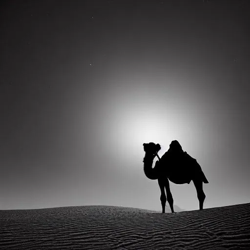 Prompt: a camel silhouette in a desert, nighttime