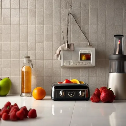 Prompt: a fruit, water bottle, and a toaster on a table with tile in the background. Have a light fixture at the too. make the image centered and the items to be far