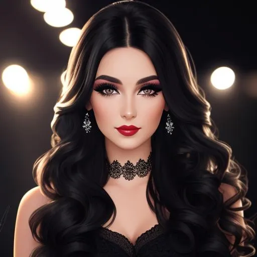 Prompt: Lady with  full, long black,wavy hair, pretty and stylish makeup