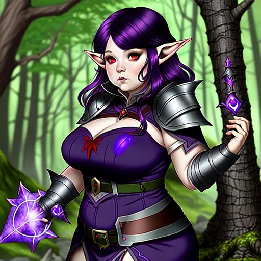 Prompt:  chubby elf  female mage, dark purple  hair, 
red eyes, grey skin, wearing armor 

Forest background