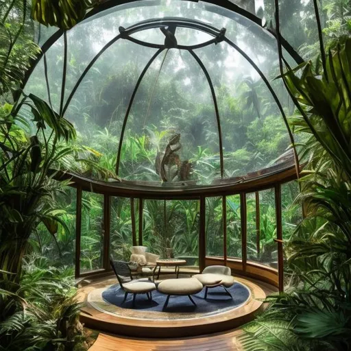 Prompt: a round glass room with a sofa and table within a glass house in jungle, photograph