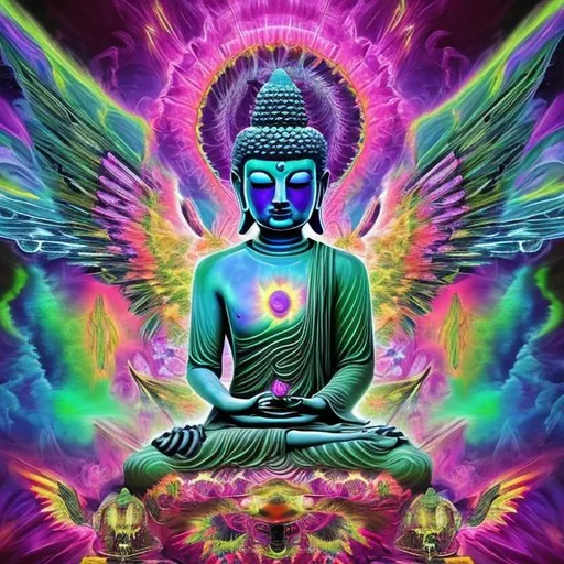 Prompt: kaleidoscopic painting neon electric buddha deep space universe. water above and below. angels in warrior attire waiting at the gates in the clouds 