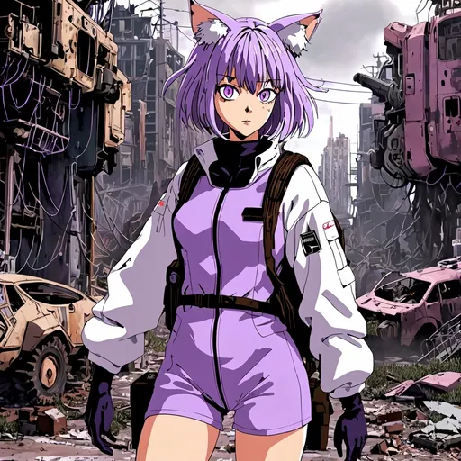 Prompt: catgirl, cat ears, mech pilot, adult, anime, lavender clothing, lavender eyes junky, post-apocalyptic, futuristic