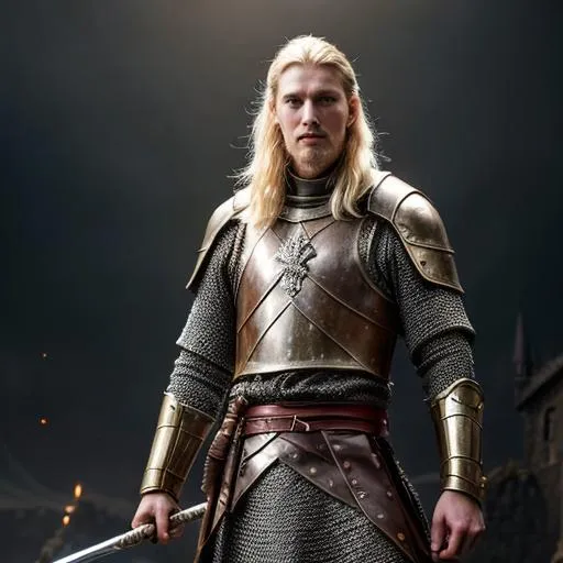 Prompt: fantasy, medieval, Tall man, slender, with pale yellow skin and brown eyes, and short blonde hair, With a chainmail and spear on his back, UHD, 8k, high quality, ultra quality, perfect composition, trending art, trending on artstation, sharp focus, studio photo, intricate details, cinematic lighting, special effects, hyper realism, hyper realistic, oil painting, Very detailed, full body, full view of character, portrait