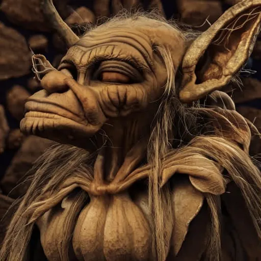 Prompt: closeup profile portrait of a goblin male with huge ears and a hook nose, warty filty skin, malicious grin, in the style of brian froud, in the style of the dark crystal, (high detailed skin:1.2), 8k uhd, dslr,