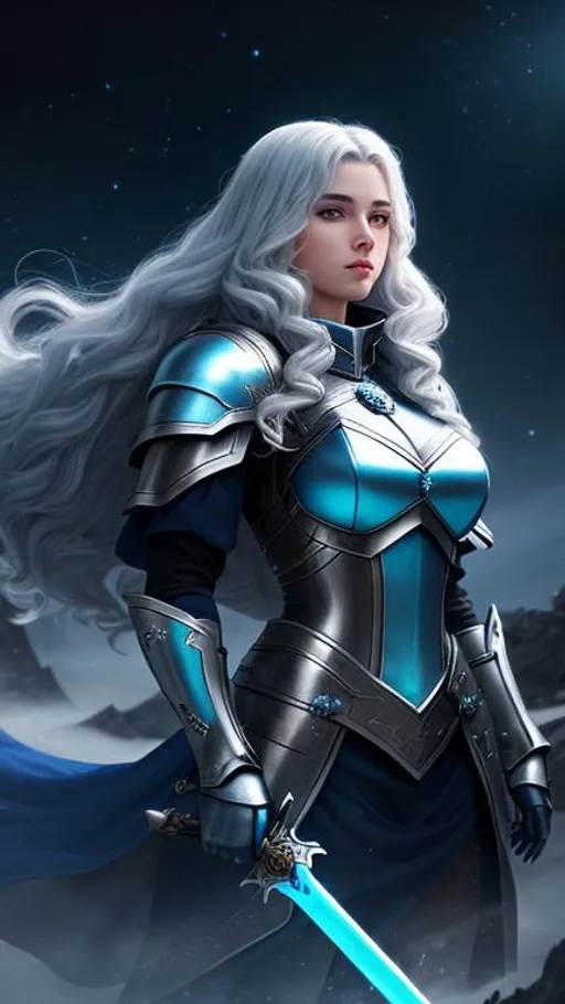 Prompt: a Caucasian woman with long curly blond hair in silver crusader armor with a sword in the middle of a dark crater filled with glowing blue ice. the sky is dark and she is surrounded by glowing cyan mist. Behance hd,