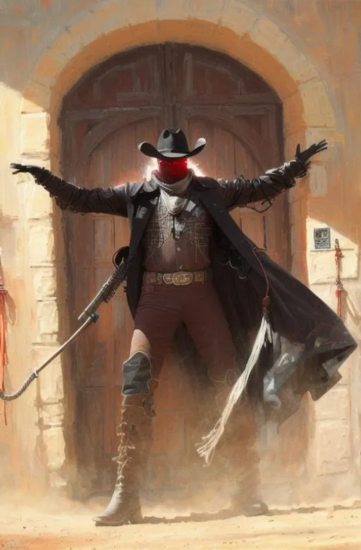 Prompt: Cyber Cowboy with 4 Arms, fiery red Poncho, Dressed in black duster and Stetson Cowboy Hat, with Red eyes, Haunting Presence, Intricately Detailed, Hyperdetailed, Desert Wild West Landscape, Dusty Midnight Lighting, Wild West Feel