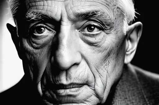 Prompt: highly realistic and detailed photograph of the famous artist Pablo Picasso, older years, distinct hairstyle, thick eyebrows, intense gaze, well-balanced lighting, illuminated face, highlighted the subtle textures and contours, simple background, professional and artistic feel,