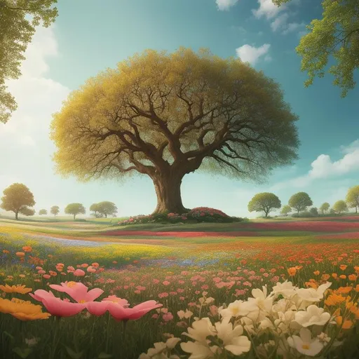Prompt: **image of colorful flower gardens in a dreamy meadow with a massive oak tree in the style of Wes Anderson
