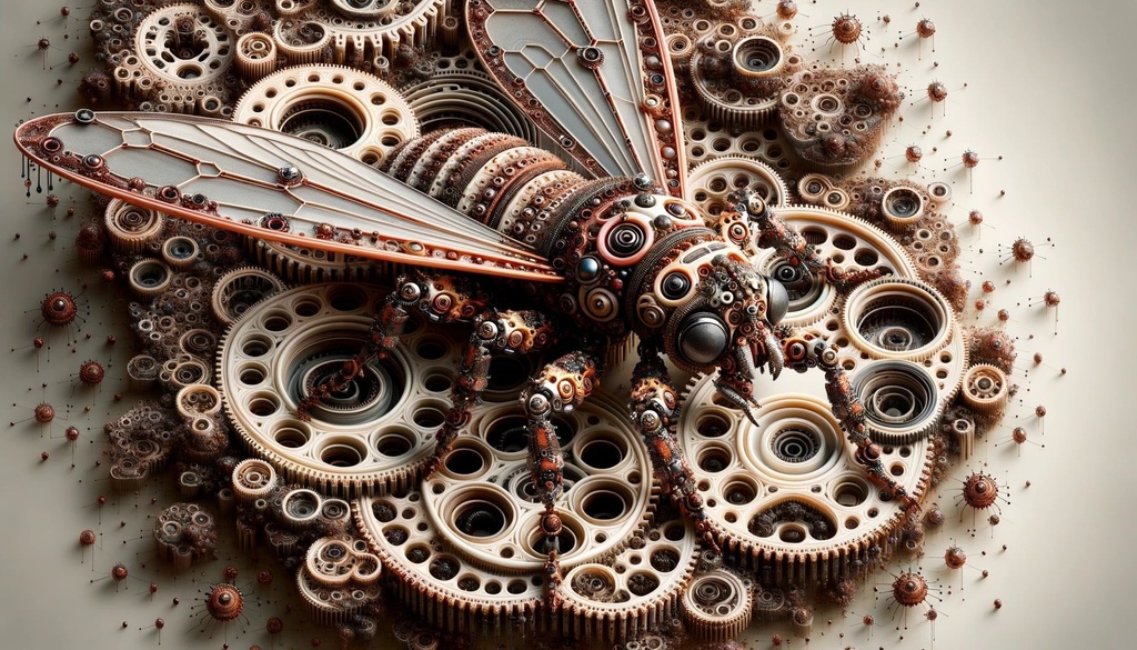 Prompt: steampunk mechanical wall art print, mandelbrot, macro zoom, hybrid creature compositions, 3d, futuristic abstracts, made of insects in wide ratio