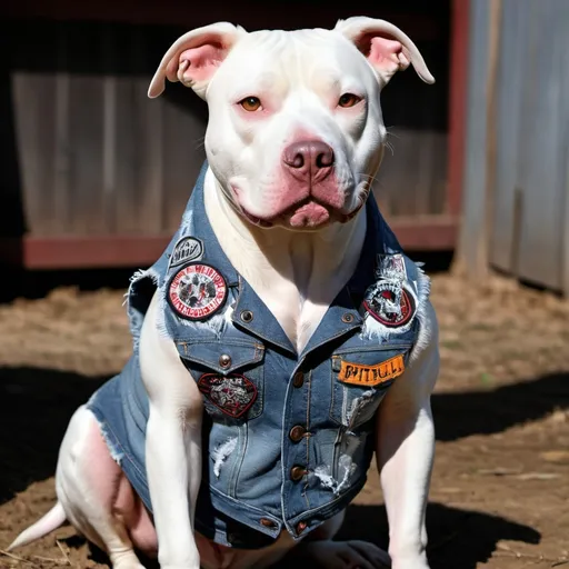 Prompt: pitbull dog wearing a heavy metal music denim vest thrash metal patches 