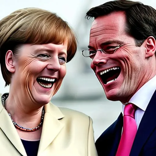 Prompt: Laughing Mark Rutte and Angela Merkel eat icecream