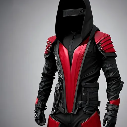 Prompt: men's combat jacket with hood in futuristic style, full body, black and dark red colors, sketches