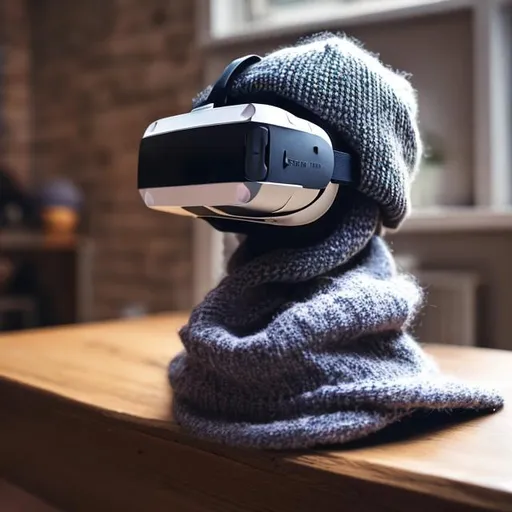 Prompt: vr glasses attached to knittet hat, lying on a table