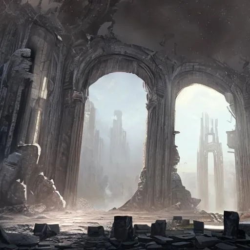 Prompt: concept art of dark fantasy, ruins futuristic