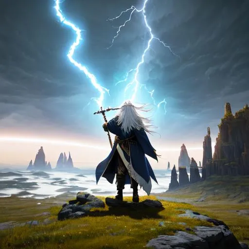Prompt: full-body oil painting of a arch wizard summoning lightning, with long white hair, wears hide clothing, sword raised above his head, stands upon a tundra, UHD, hd, 8k, Very detailed, style of Antoni Tudisco, Beeple, Jinhwa Jang, panned out view of character, zoomed out view of whole character's body is visible, character is centered, whole character in view, whole character is seen