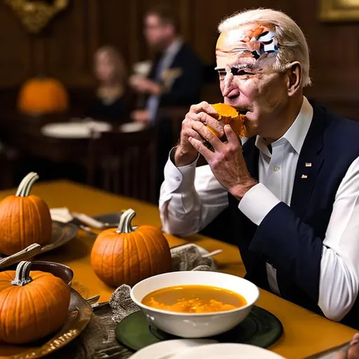 Prompt: Biden eating pumpkin soup