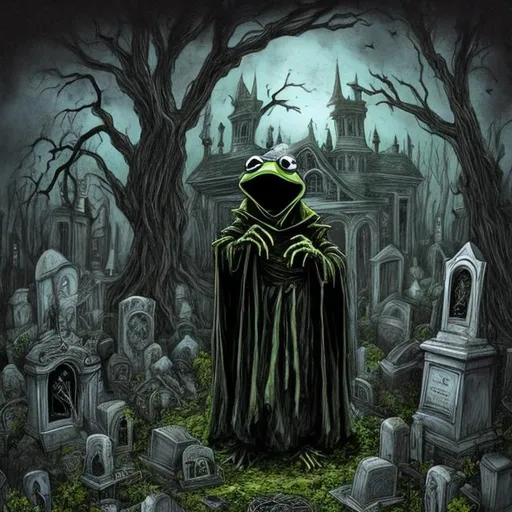 Prompt: Possessed Kermit The Frog wearing hooded cloak in a grave yard. Full-on in the background, Crooked tree next to a haunted house.