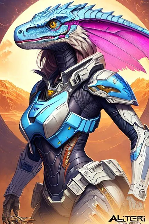 Prompt: Poster art, high-quality high-detail highly-detailed breathtaking hero ((by Aleksi Briclot and Stanley Artgerm Lau)) - ((a velociraptor raptor)), female,  cute, full form detailed raptor mech suit, 8k ivory and baby blue helmet, highly detailed raptor head helmet, add some magenta, glowing chest emblem ,carbon fibre helmet, raptor mech armor, raptor dinosaur, detailed scales, detailed ivory mech suit, full body, black futuristic mech armor, wearing mech armour suit, 8k,  full form, detailed forest wilderness setting, full form, epic, 8k HD, ice, sharp focus, ultra realistic clarity. Hyper realistic, Detailed face, portrait, realistic, close to perfection, more black in the armour, 
wearing blue and black cape, wearing carbon black cloak with yellow, full body, high quality cell shaded illustration, ((full body)), dynamic pose, perfect anatomy, centered, freedom, soul, Black short hair, approach to perfection, cell shading, 8k , cinematic dramatic atmosphere, watercolor painting, global illumination, detailed and intricate environment, artstation, concept art, fluid and sharp focus, volumetric lighting, cinematic lighting, 
