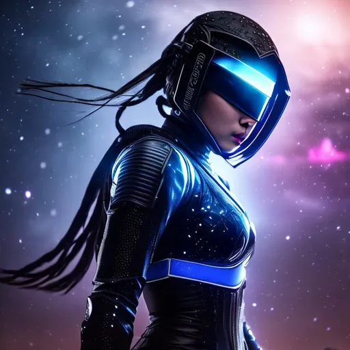Prompt: create photograph of beautiful female ninja who is wearing bright black futuristic ninja suit,  night time and beautiful sky  space and planets an nebulae in sky highly detailed, detailed face, extremely detailed environment, extremely detailed background, extremely detailed skin, extremely detailed clothing, natural colors , professionally color graded, photorealism, 8k, realistic, moody lighting, galactic environment, volumetric lighting